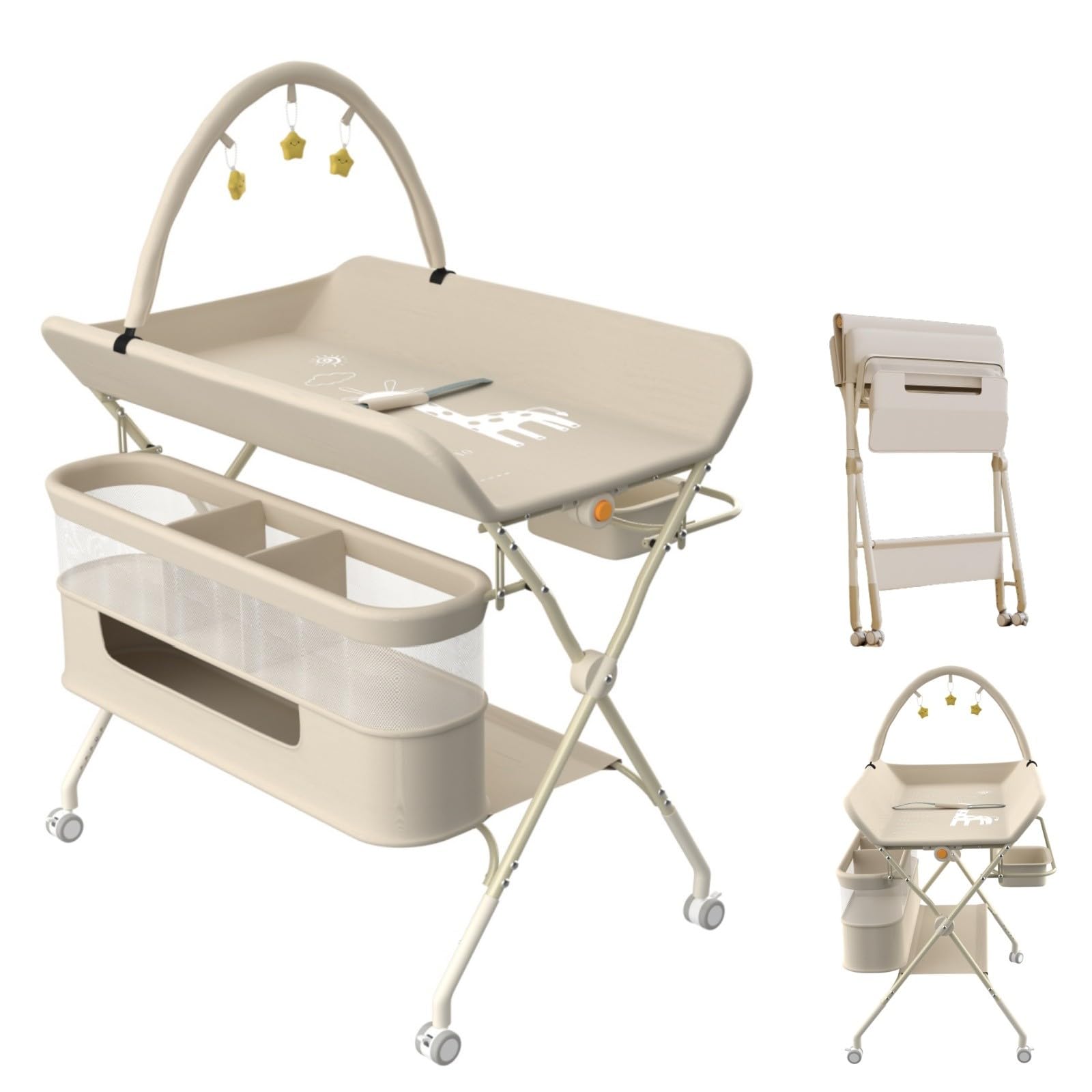 Fasciatoio Neonato Pieghevole Portatile Altezza Regolabile con Ruote Silenziose 360° Bloccabili Bianco Latte 75x68x83-91cm