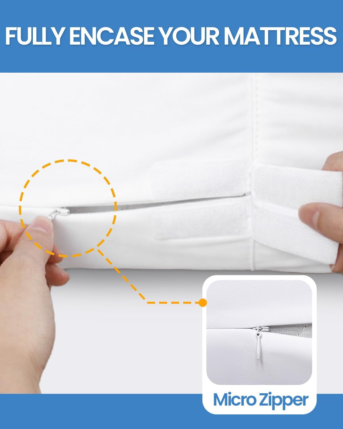 HUPPER King Mattress Protector Zippered (12/13/14/15Inchs), Terry Cloth Mattress Encasement, 6-Side Waterproof Mattress Cover, Micro Zipper, Noiseless, for Queen Mattress 76 * 80