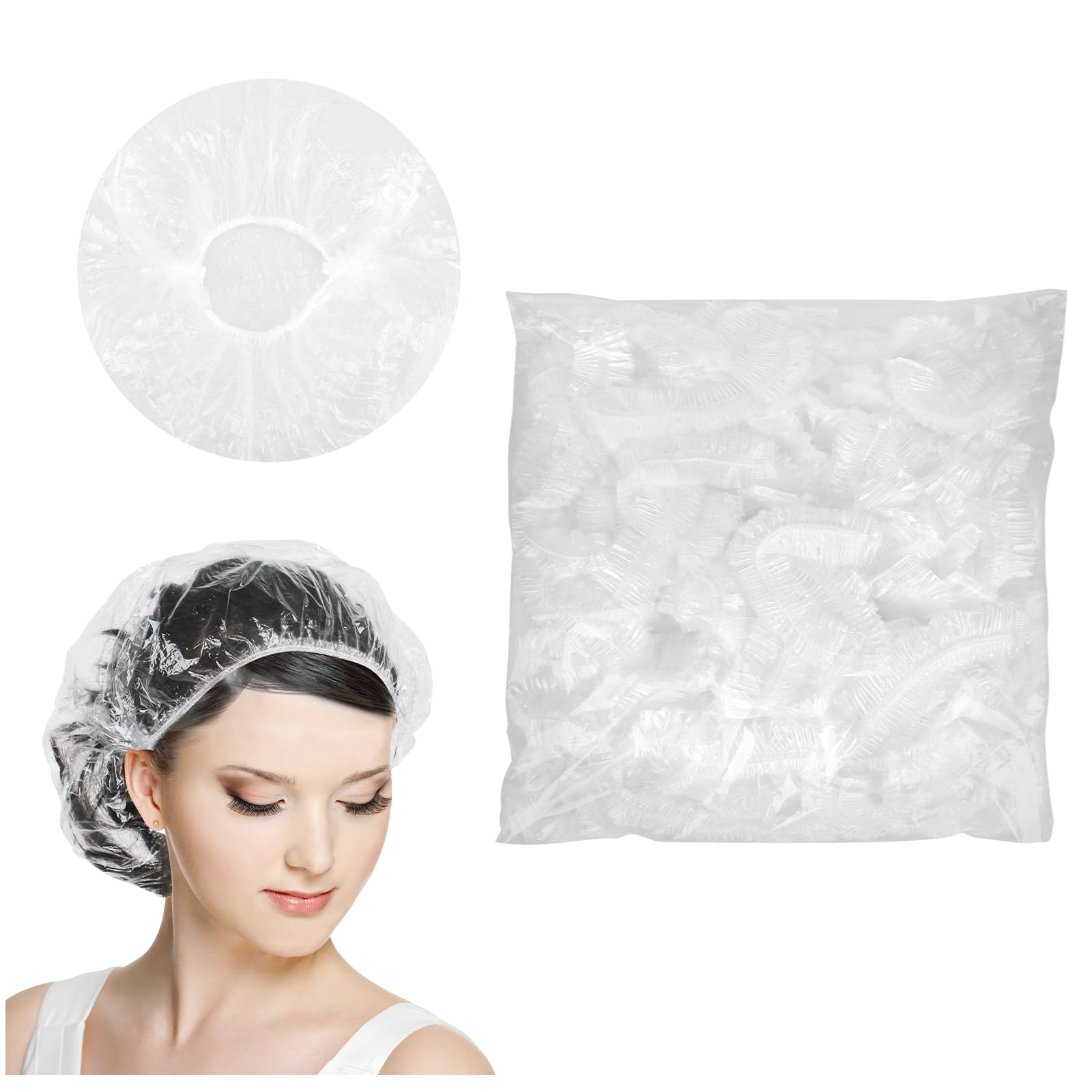 50 gorros de ducha desechables de plástico transparente para el cabello, gorros de plástico para el cabello para ducha, elásticos, grandes, impermeables, para mujeres, suministros de limpieza para el