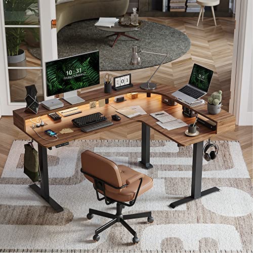 Image of FEZIBO L Shaped Standing Desk with Arc LED & Power Outlet, Exclusive Uprated 3 Motors Support 330LBS, Electric Height Adjustable L Shaped Desk with Large Monitor Stand, for Gaming Office, Black Walnut