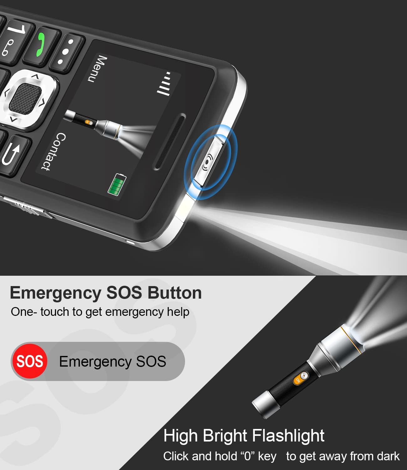 Easyfone T200 showing the SOS button and a flashlight beam.