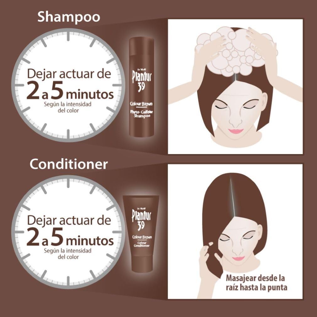 Champú de fitocafeína Plantur 39 color castaño, 250 ml + acondicionador, 150 ml – para un castaño profundo, contra la pérdida de cabello por la menopausia