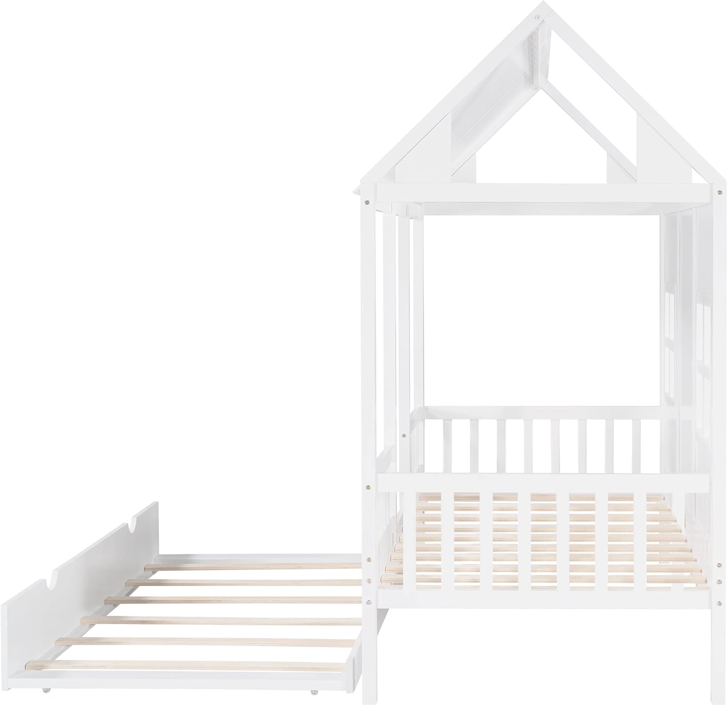 Twin Size Wood House Bed with Trundle,Playhouse Bed-Frame w/Roof and Window & Slat Support,Easy Assembly,for Kids,Teens,Girls,Boys,White