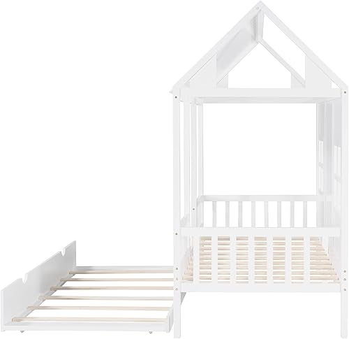 Miniatura 22 de Harper & Bright Designs Cama matrimonial con nido de tamaño individual, cama de madera de tamaño matrimonial con techo, ventanas y valla, marco de