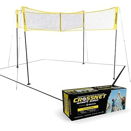 CROSSNET 4-Way Volleyball Net Set with Adjustable Poles Backpack & Official Ball Quick Setup Outdoor Volleyball Game for Adults & Kids 4 Square Volleyball Net for Backyard Beach Yard Lawn & Park Play