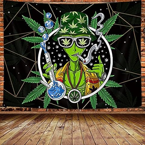 MERCHR Trippy Weed Tapestry for Men, Cool Alien Wall Tapestry Aesthetic Marijuana Leaf Tapestry Wall Hanging, Psychedelic Tie Dye Small Tapestry for Bedroom Home Decor (80X60), Multicolor Cover