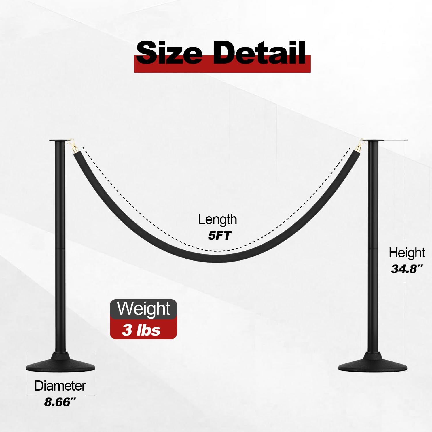 RoadHero - Conos de poste de plástico con cuerdas de terciopelo negro de 1,8 m, cuerdas portátiles de seguridad de 34 pulgadas con base de plástico pesada para control de multitudes
