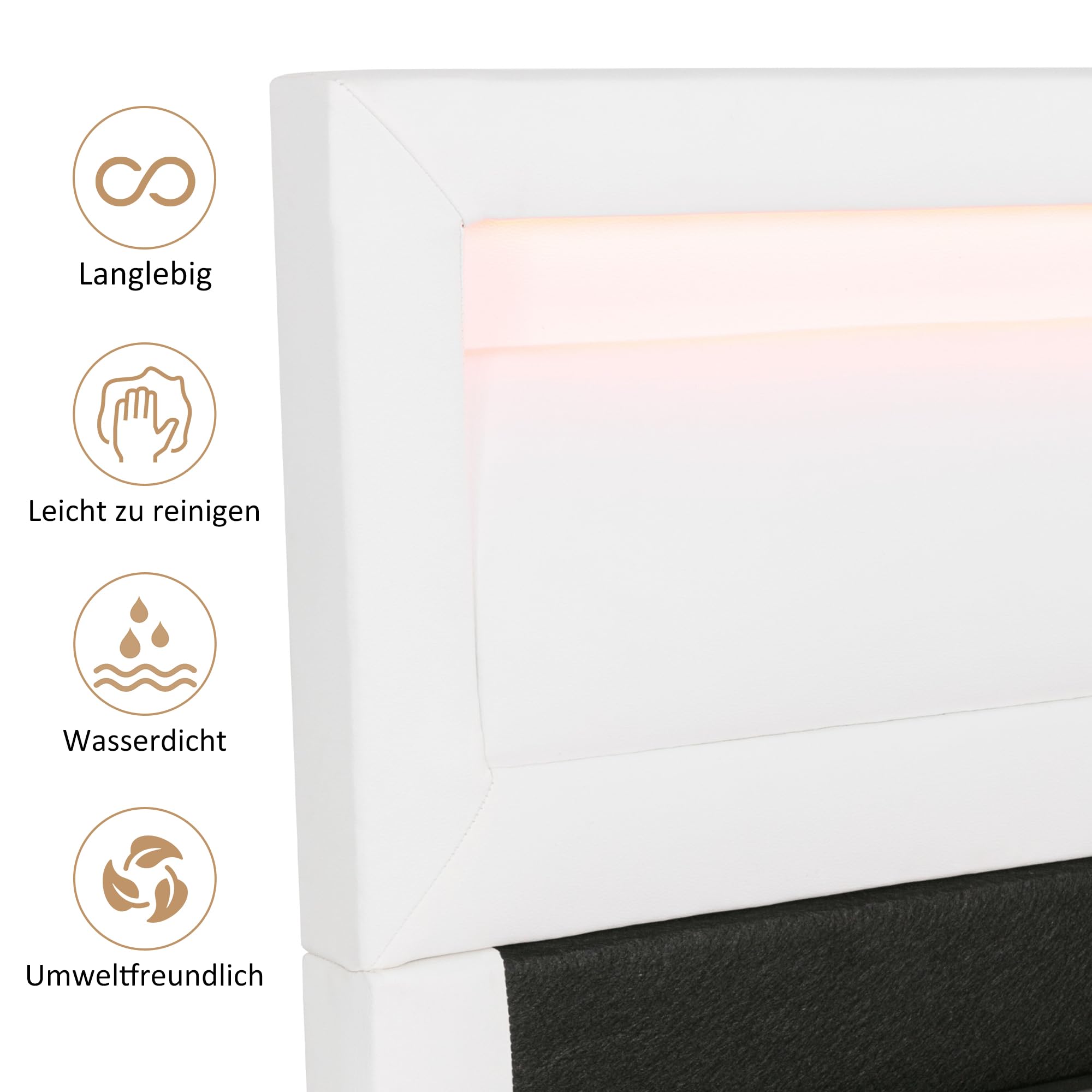 Cama tapizada, Cama LED, 140 * 200 cm, con somier de láminas y canapé, con cabecero Iluminado, Color Blanco, cabecero y Polipiel