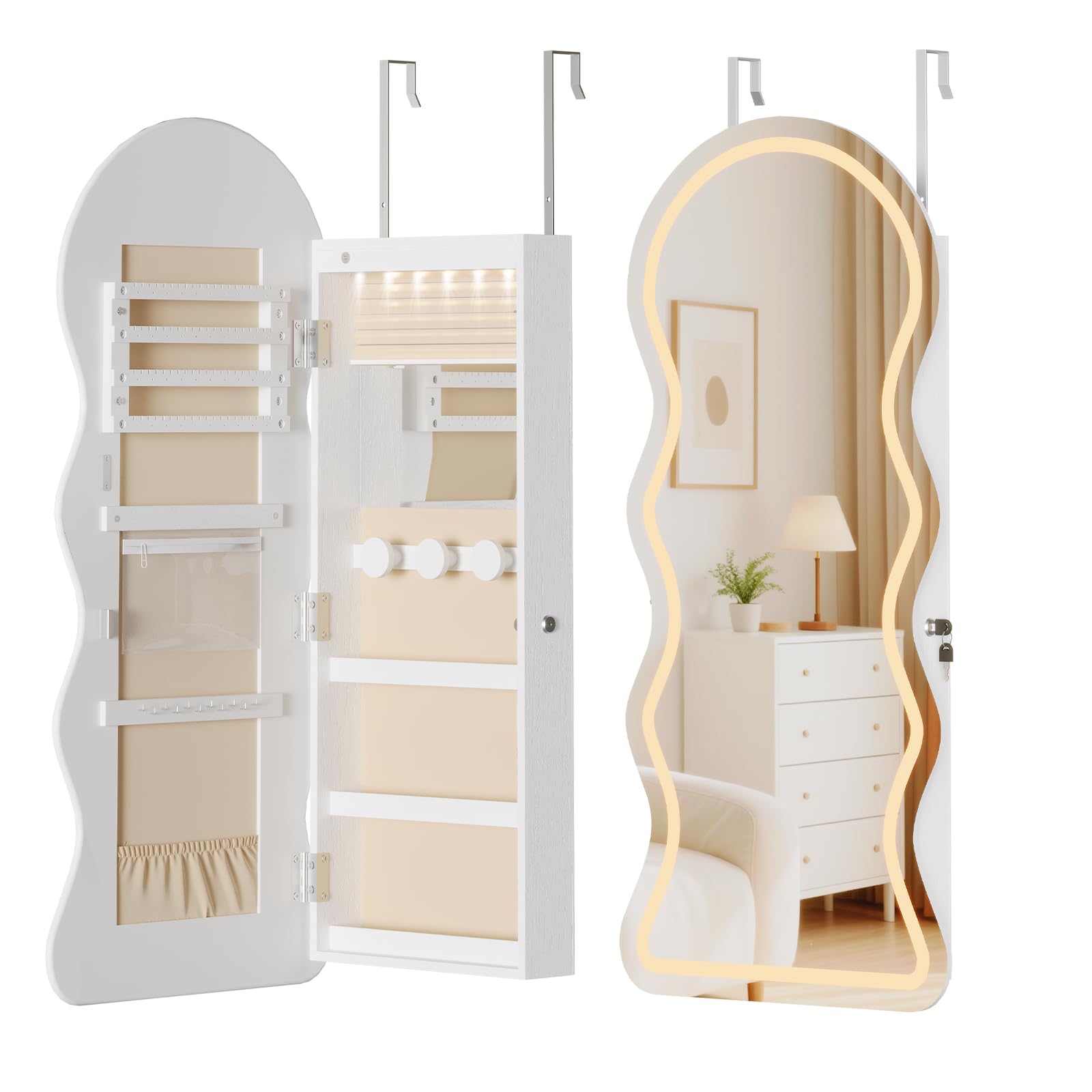HOOBRO Armario Joyero de Pared con Iluminación LED y Espejo, Cerradura, Puerta Abatible, Blanco EWT08CDJC04