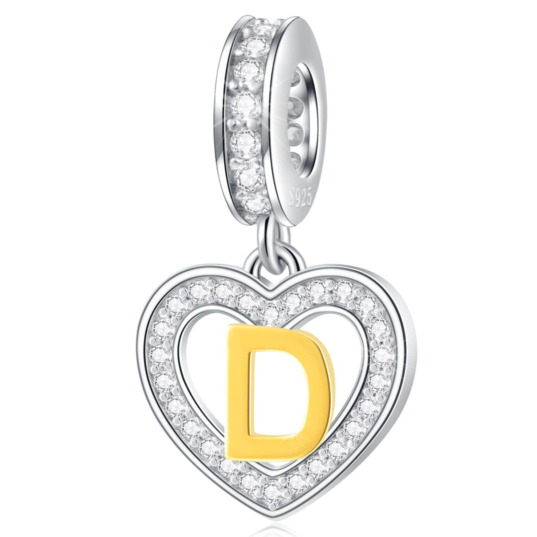 EMOSTARLetter Charm Initial A-Z Beads fit European DIY Bracelet, 18K Gold Plated Letras Charms, 925 Sterling Silver Heart Alphabet Necklace Pendant with CZ, Gifts for Family/Valentines/Christmas