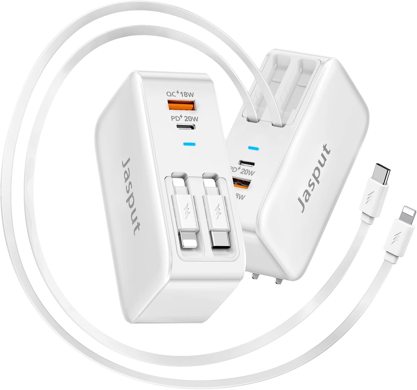 4 in 1 Retractable Wall Charger with Dual Cables,40W Retractable Phone Charger Wall Plug with Dual USB Ports,20W USB C Chargers Block Fast Charging for iPhone 17 16 15 14 13,LG, Galaxy S24 23,Pixel Type-C & Lightening cables White