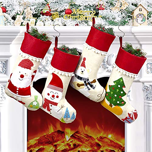 LSXD Christmas Stockings, 4 Pack 18" Big Xmas Stockings Decorations,Santa Snowman Bear Tree Xmas Character Fireplace Hanging Stockings Decorations for Family Holiday Season Decor