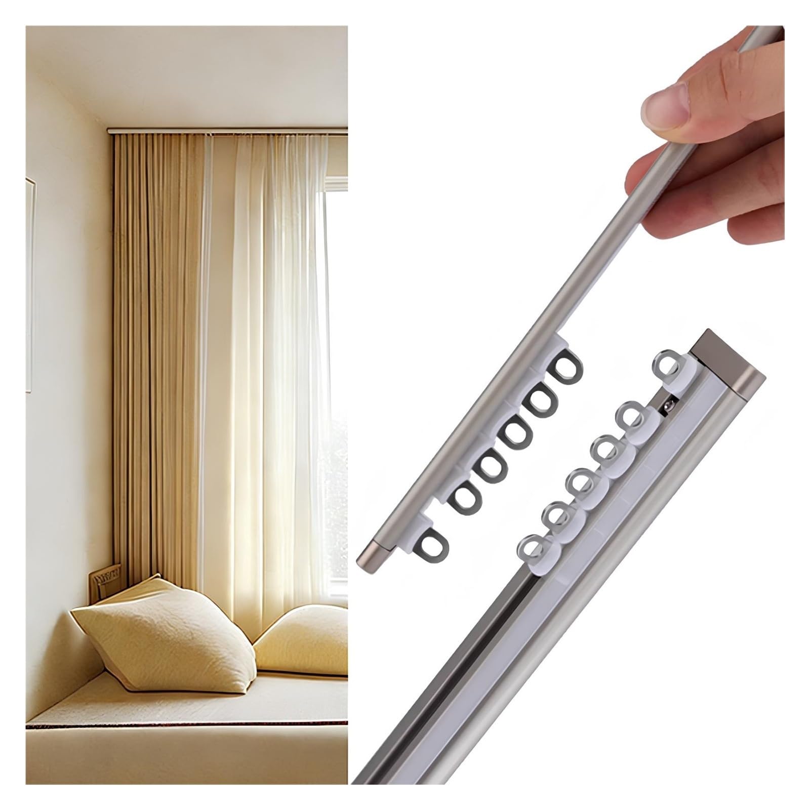 Xuqqu Champagne 6.0Mm Ultra Thin Curtain Track Ceiling Mount, Hidden Aluminum Curtain Rods For Inward Opening Windows, Slim Single Curtain Rail System With Hole Covers, Room Divider(,140Cm/4.59Ft)