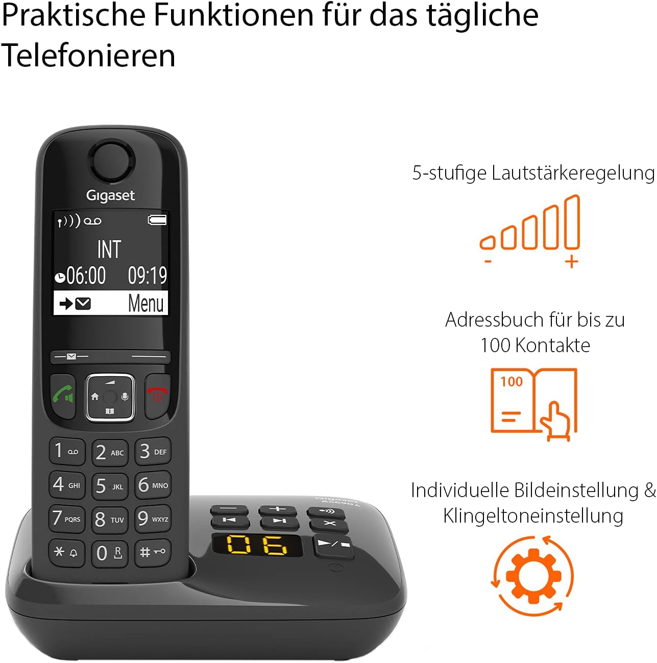 Gigaset AS690A handset and base station, with icons illustrating a 5-level volume control, a phonebook for 100 contacts, and individual ringtone/picture settings.