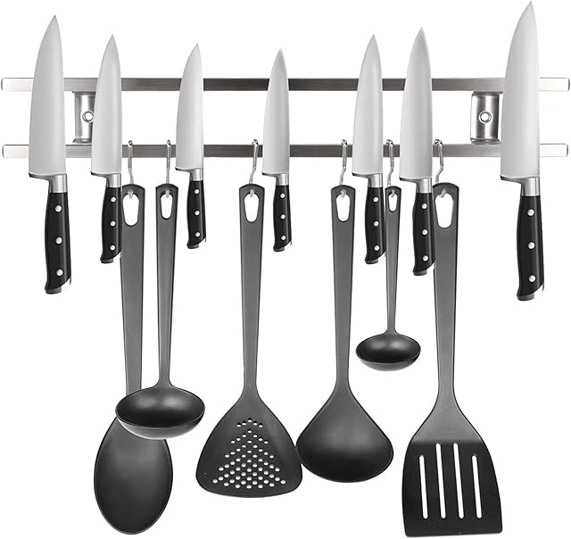 Newthinking 16 Inch Magnetic Knife Holder for Wall, Magnetic Wall Knife Holder and Hanger, Stainless Steel Utensils Knife Holder with 6 Hooks for Kitchen Save Space