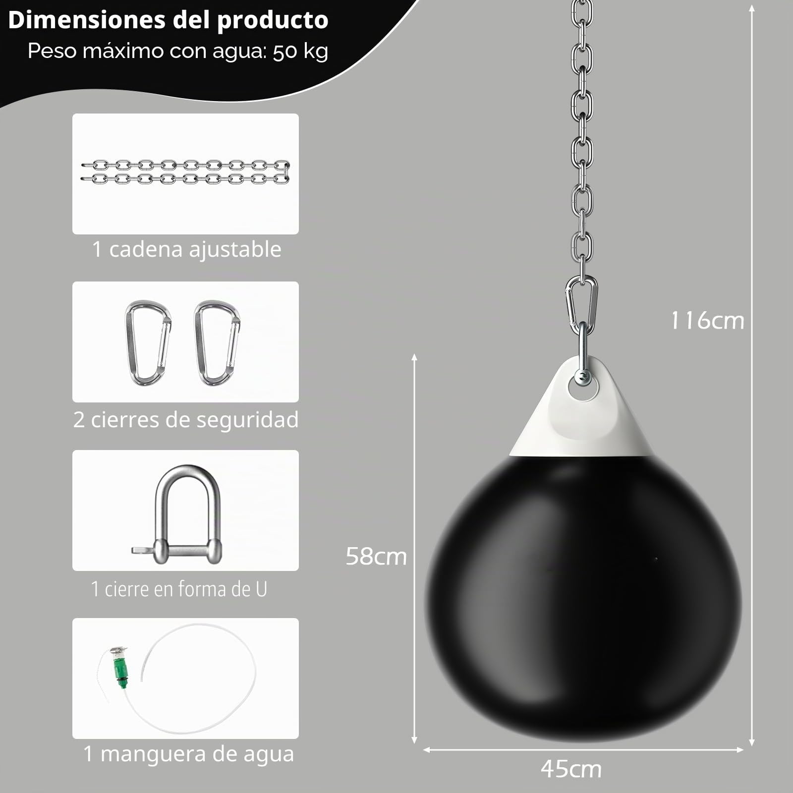 KOMFOTTEU Saco de Boxeo de Agua, Bolsa de Boxeo Rellenable con Agua, Saco de Entrenamiento con Manguera de Inyección y Cadena de Metal Ajustable, Punching Ball para Adultos y Niños