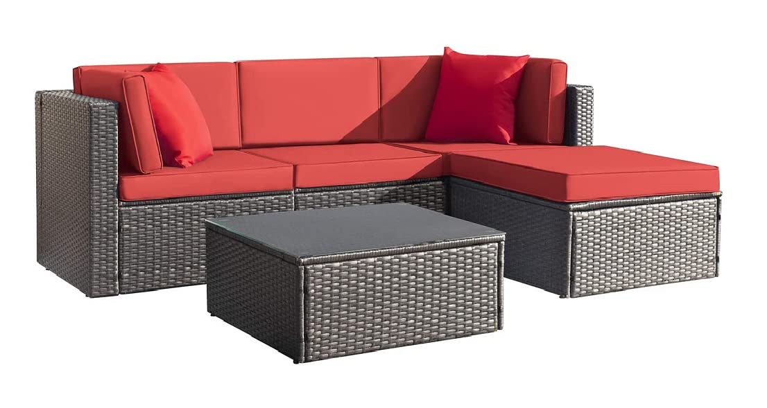 DEVOKO 3 Pieces Patio Furniture Sets All Weather Outdoor Sectional Sofa Manual Weaving Wicker Rattan Patio Conversation Set with Cushion and Glass Table (Dark Brown & Red)-image-15