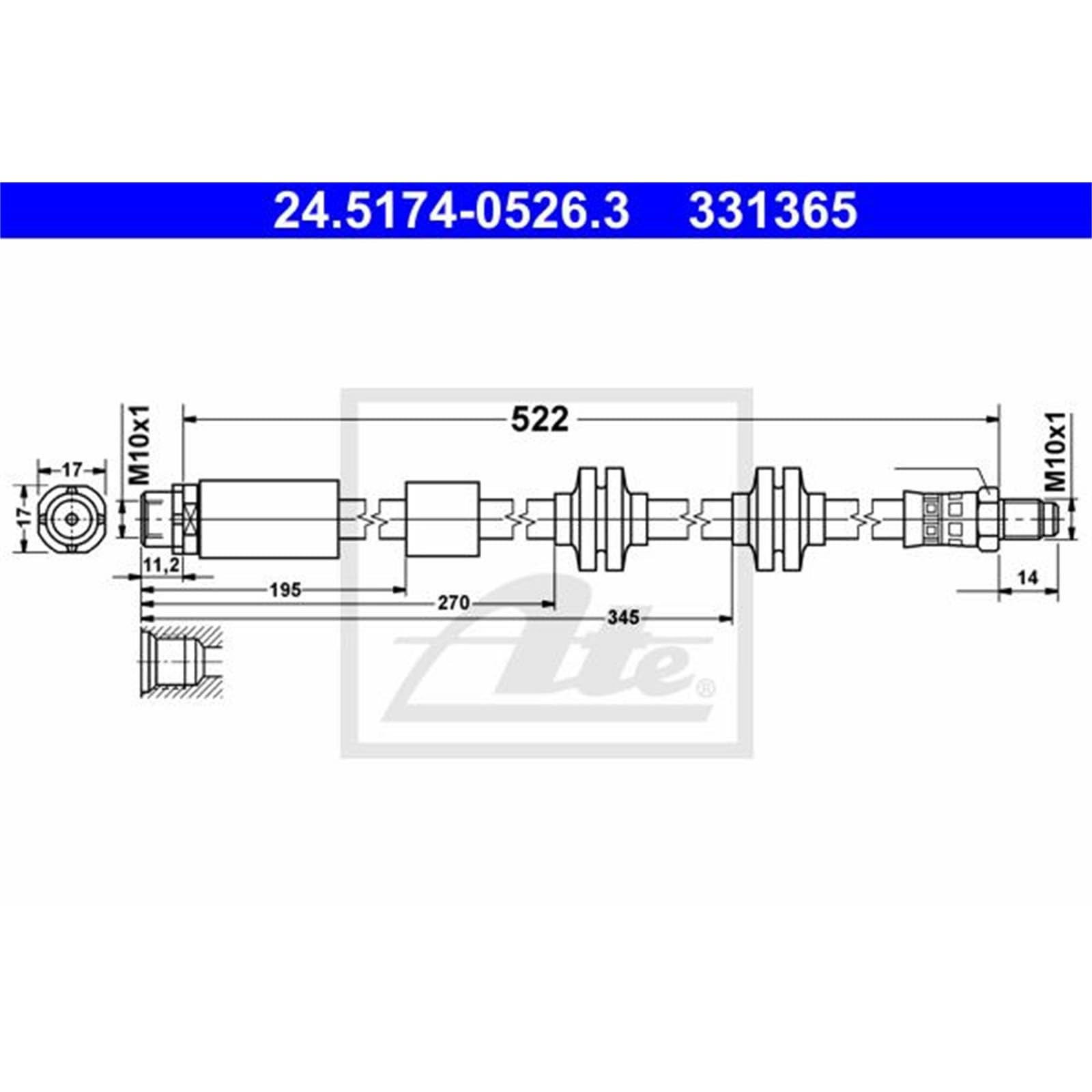 2xATE Bremsschlauch Va+1L ATE Dot 4 | 2x 24.5174-0526.3 [331365]+03.9901-5802.2 passend für 1er E81 3er E90 E91 E92 E88