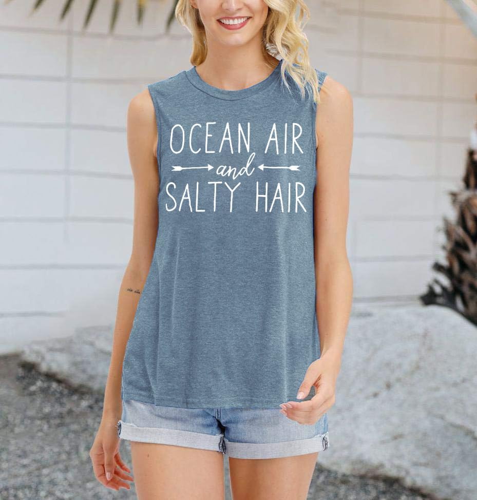 Beach Tank Tops for Women Ocean Air and Salty Hair Summer Tanks Beach Vacation Sleeveless Vest Shirts - Image 2