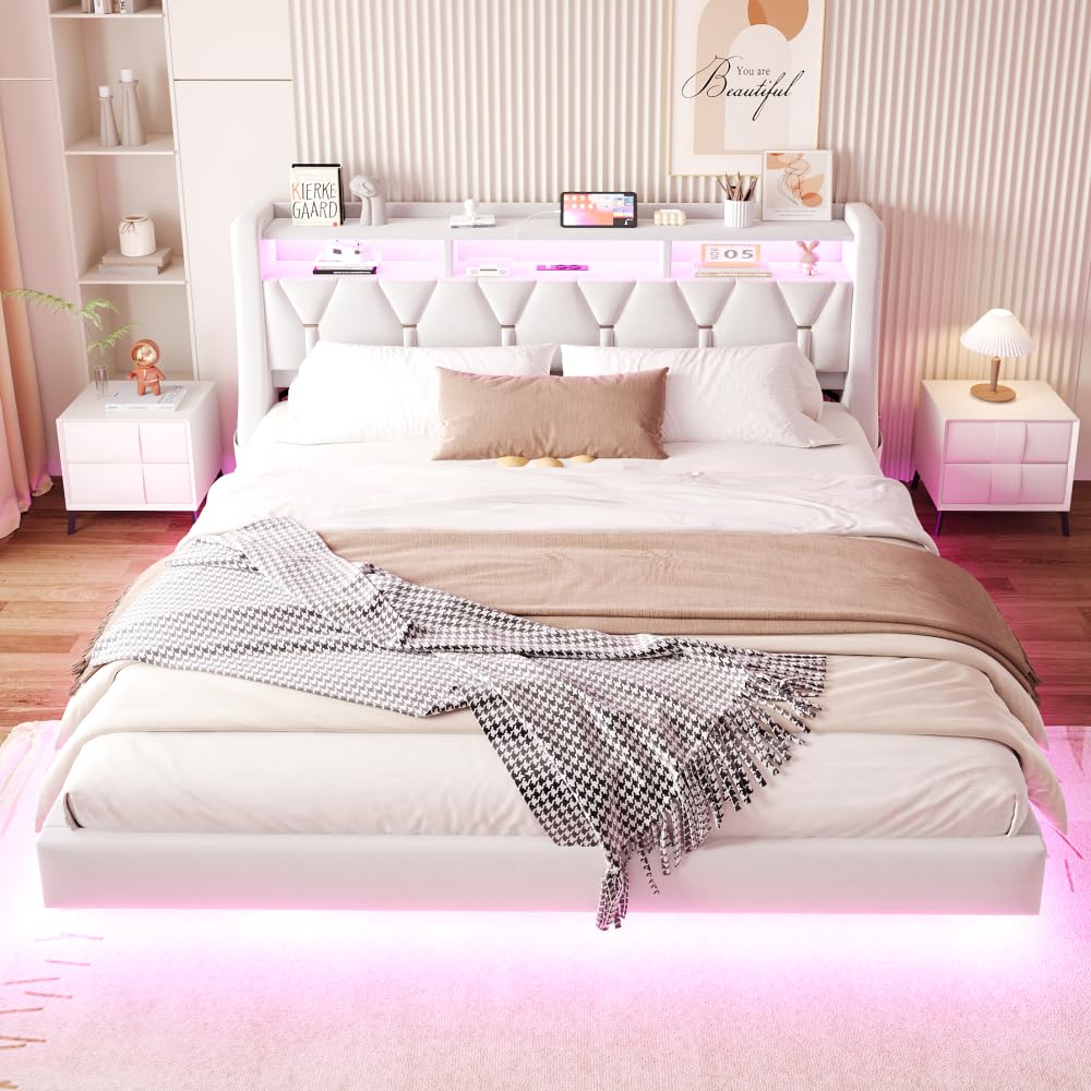 Letto matrimoniale 180 x 200 cm, con prese e illuminazione LED, testiera imbottita con contenitore, letto una piazza e mezza, gambe extra larghe, design letto sospeso, velluto, beige