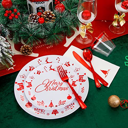 Liacere 175Pcs Red And White Plastic Plates - Disposable Christmas Plastic Plates Include 25 Dessert Plates, 25 Dinner Plates, 25 Knives, 25 Spoons, 25 Forks, 25 Cups, 25 Napkins For Christmas Party #TOP7