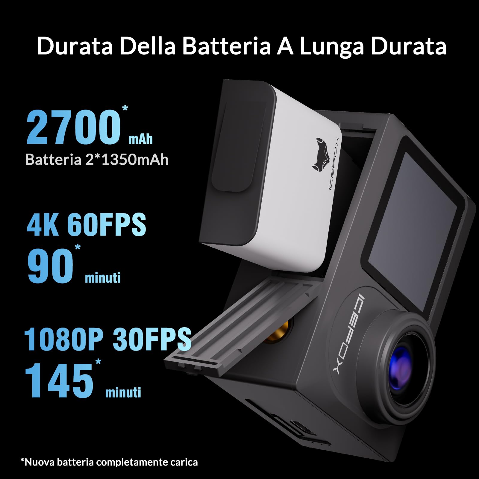 icefox Action Cam 4K 60FPS 20MP, Fotocamera Subacquea con EIS, Telecamera Subacquea con Zoom 5X, Telecomando WiFi e App per Modificare Video e Foto, Ideale per Ciclismo, Immersioni e Nuoto