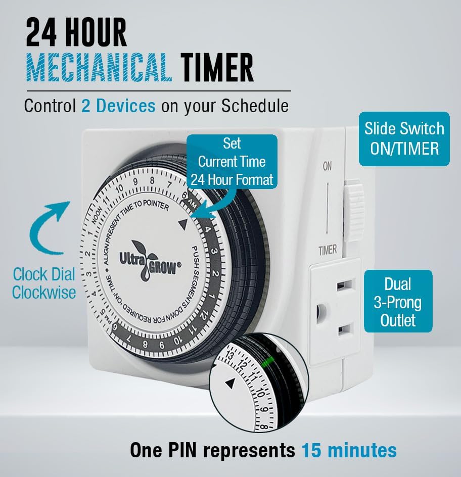Dual Outlet 24 Hour 120V Mechanical Plug-in Timer Grounded, Wall Plug 3-Prong Outlet with On/Off Switch. Timer for Fans, Christmas Lights, Aquarium, Pins up and Down Program120-Volt