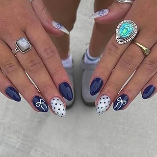Almond Press on Nails Medium Nails Press on Polka Dots False Nails with Bow Design Glossy Full Cover Dark Blue Glue on Nails Cute Glitter Acrylic Nail Fall Winter Fake Nail for Women Manicure 24Pcs