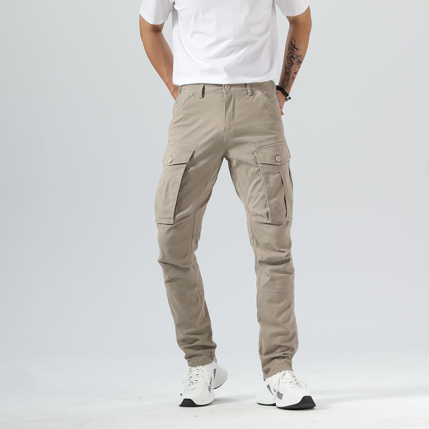 Plaid&Plain Men's Cargo Pants Slim Fit with Articulated Knees - Image 4