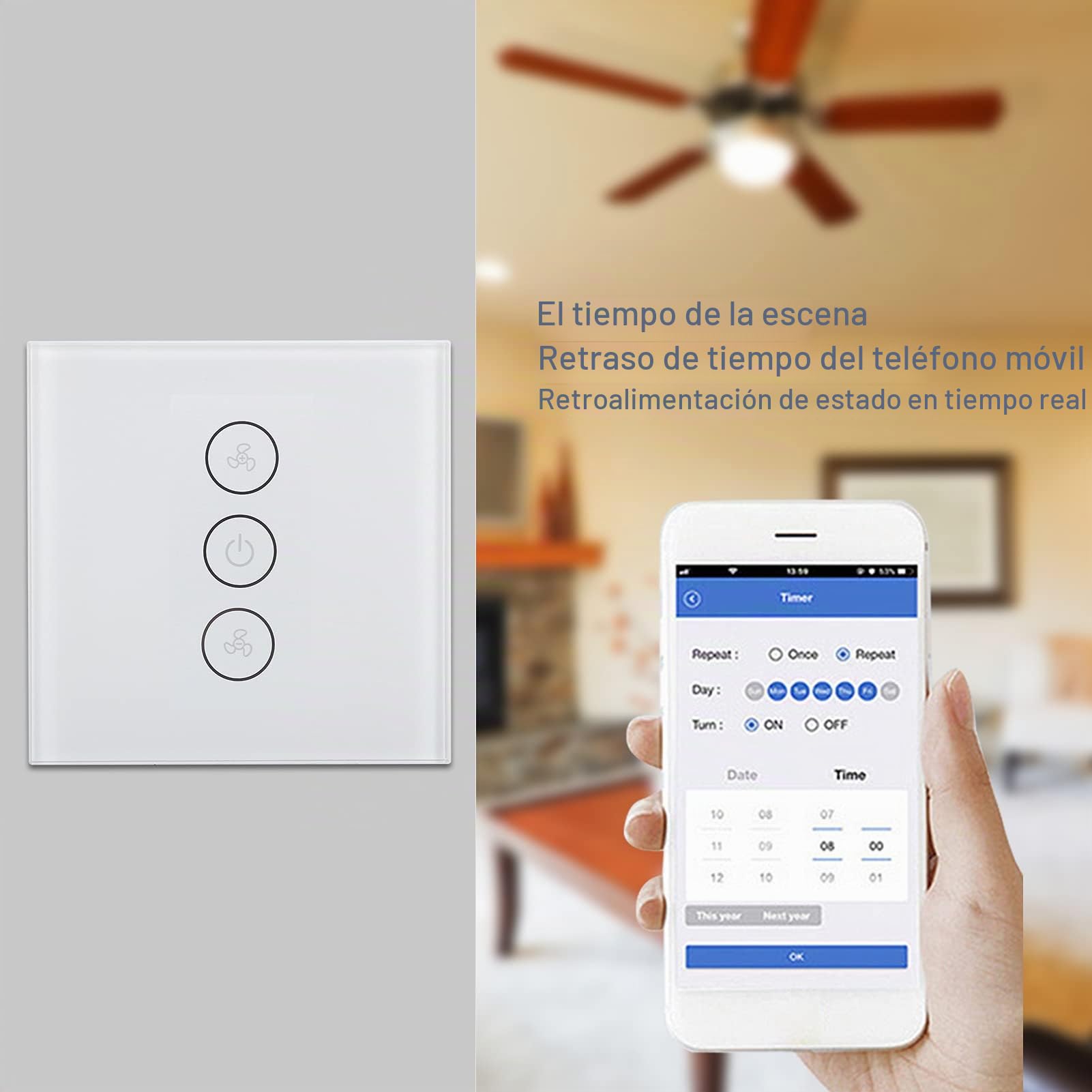 Interruptor de ventilador inteligente Interruptor de luz WiFi Interruptor de luz de control de voz Control remoto Interruptor inteligente para el hogar Soporte para TUYA(blanco)