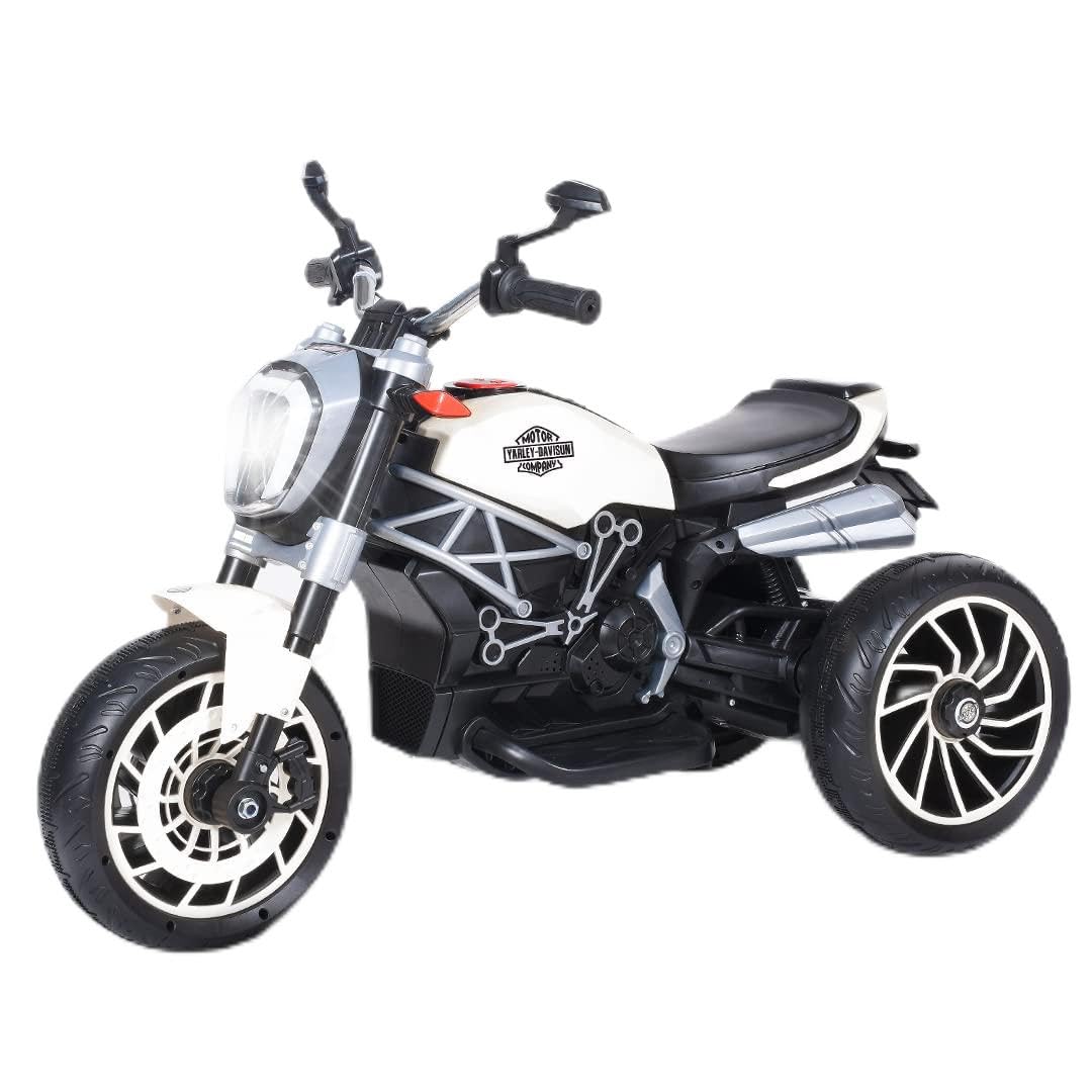 Kidz Auto KAB Y1600,12V Battery-Operated Ride-On Bike (3 Wheels) with Hand Accelerator,Foot Pedal Break, MP3/USB Port,Decorative Head Lights Electric Vehicle for Kids(White)