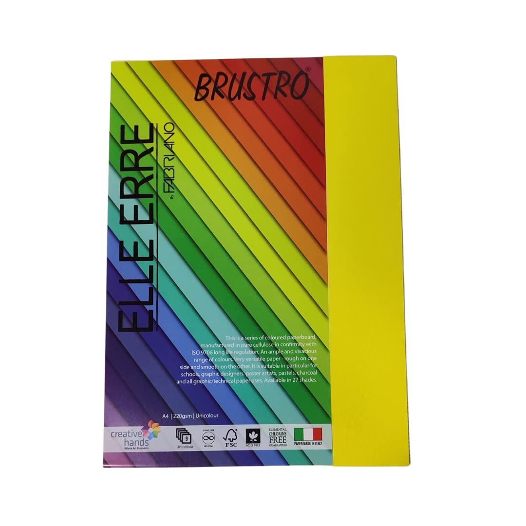 BRUSTRO Elle Erre Coloured Card Stock Craft Paper A4 Size 220 GSM Giallo Colour, Pack of 9 Sheets. Yellow Shade|Ideal for Schools,Graphic Designers,Poster Artists with Pastel,Charcoal,Calligraphy,Pen
