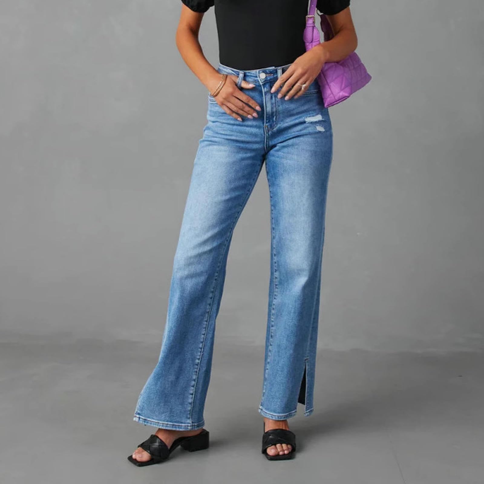 Jeans Donna A Gamba Dritta per Donne in Vita Alta Sciolti-Blu-XL