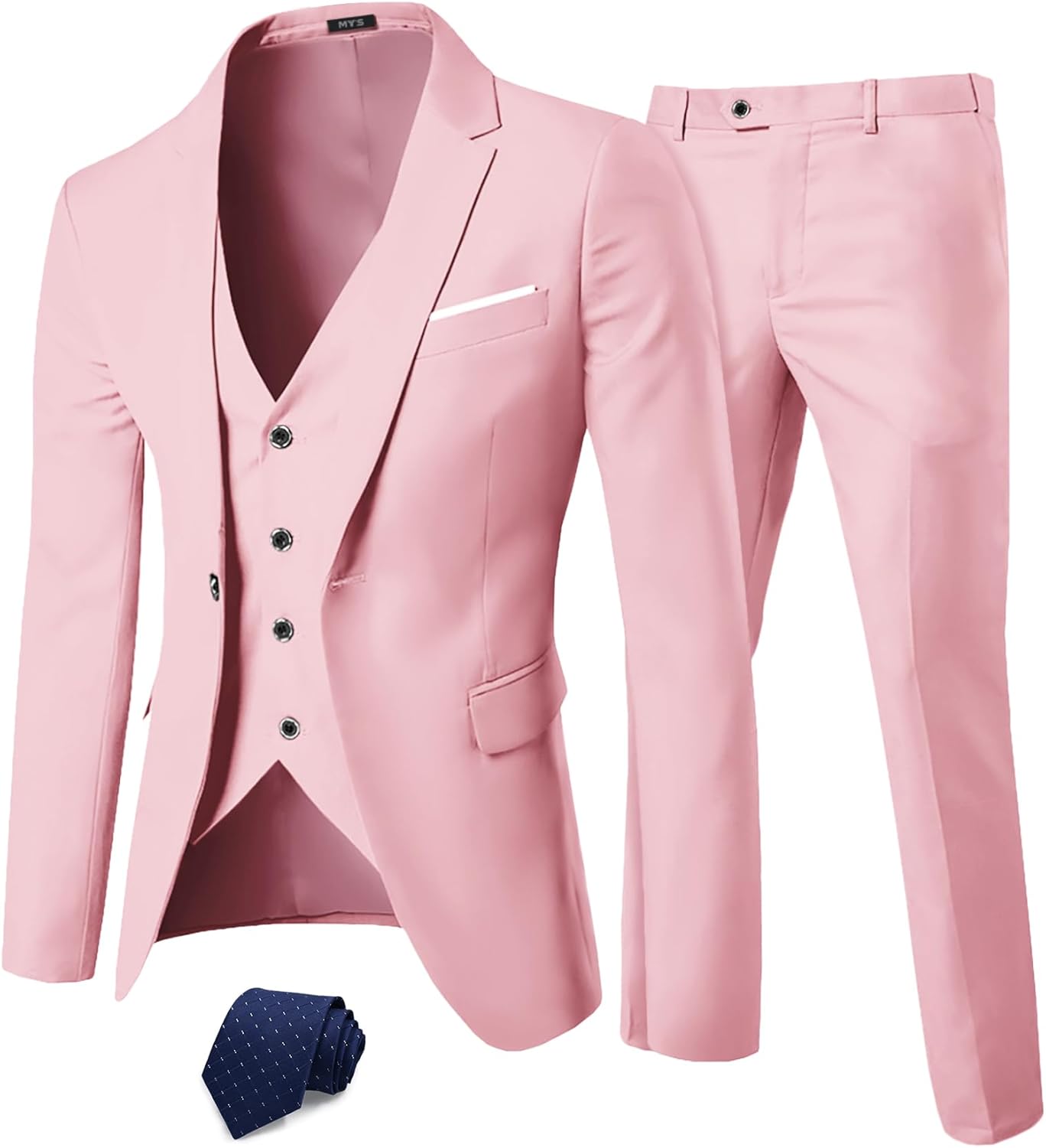 MY'S Men's 3 Piece Suit Set with Tie, One Button Slim Fit Solid Jacket Vest Pants, Prom Party Wedding Business Suits for Men