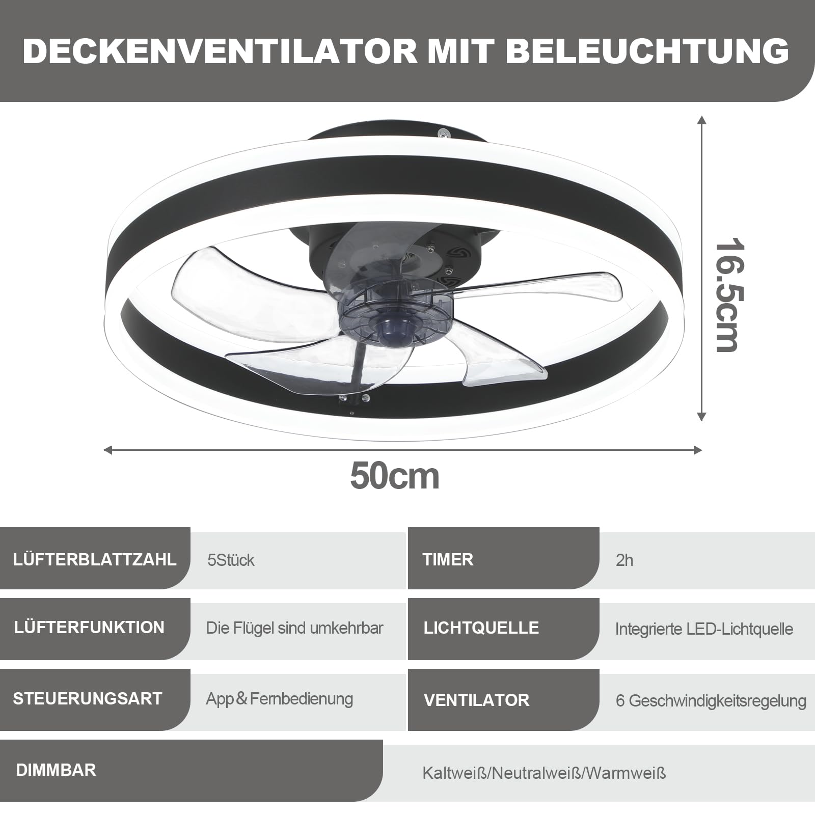 DATO Deckenventilator mit Beleuchtung, 3 Farbtemperatur und 6 Geschwindigkeiten, APP/Fernbedienung Leise Dimmbar, Schwarz, 50CM