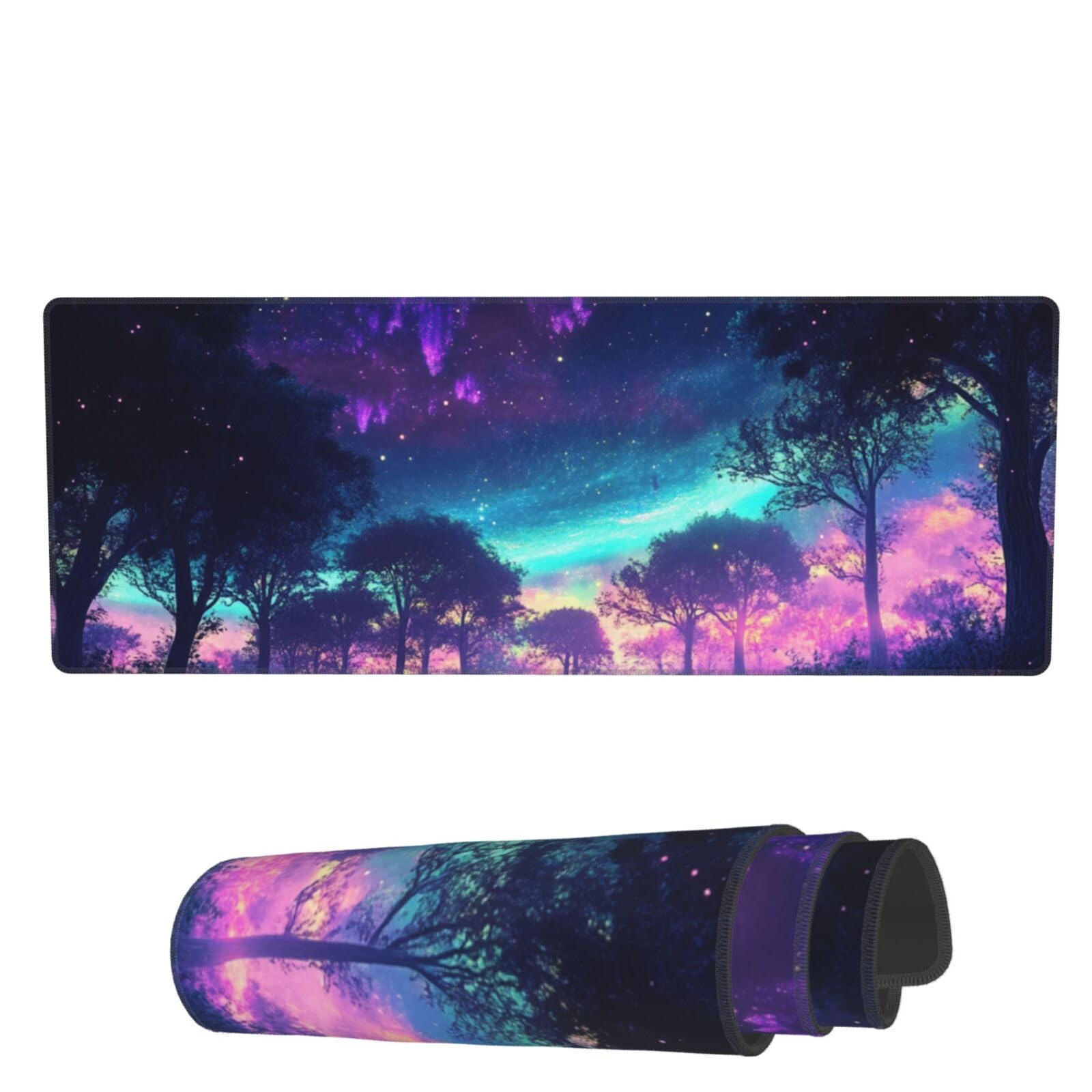 Cool Dark Purple Blue Forest Large Mouse Pad Cute Extended Gaming Mouse Mat XL Big Computer Keyboard Mousepad with Non-Slip Base and Stitched Edge for Home Game Office, 31.5 X 11.8 Inch
