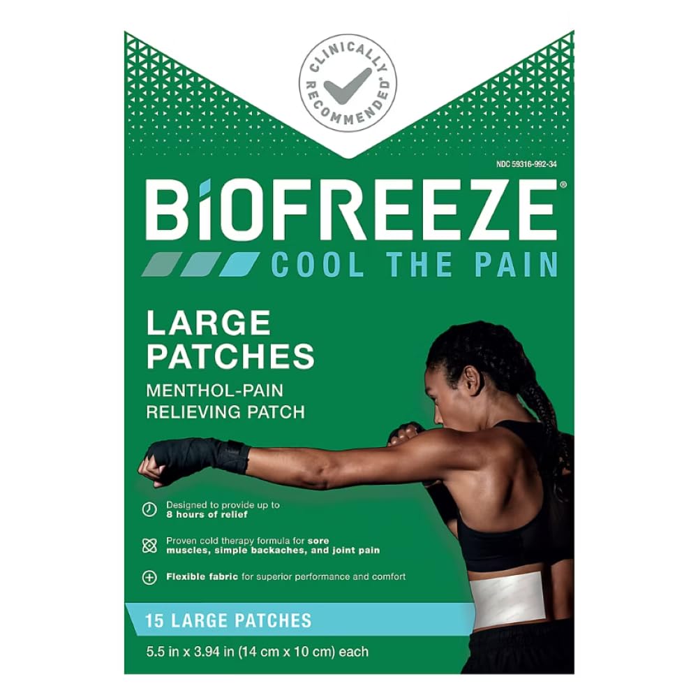 Biofreeze Cool The Pain Large Patches Menthol -Pain Relieving Path 15 Large Patches 5.5 in x3.94 in (14cm x10cm) Each
