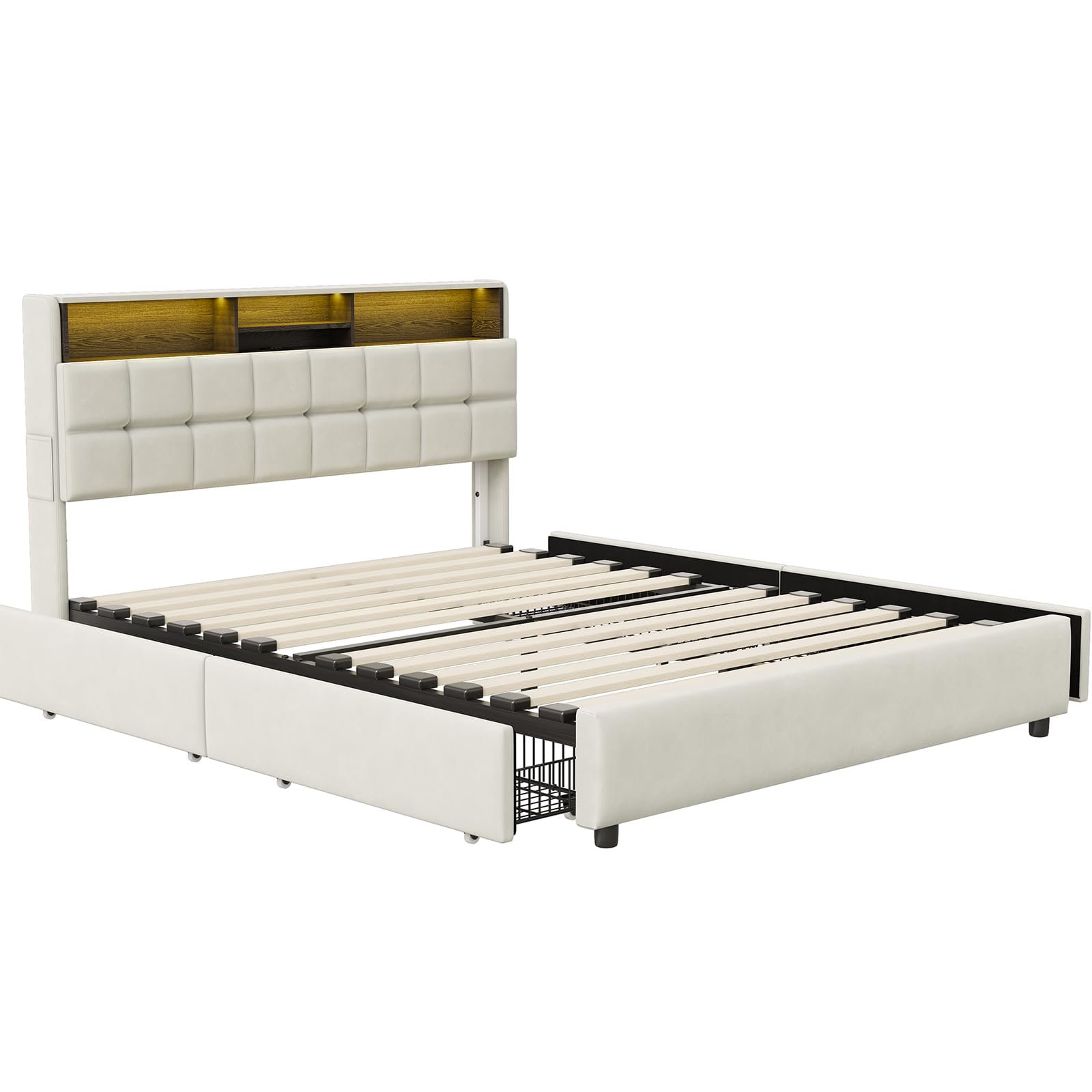 Cama de Matrimonio 160x200 cm con 4 Cajones, Cama Queen Size Tapizada con Luces LED, Puerto Type-C y Cabecero Moderno, Estructura de Cama con Somier, Beige (Sin Colchón)