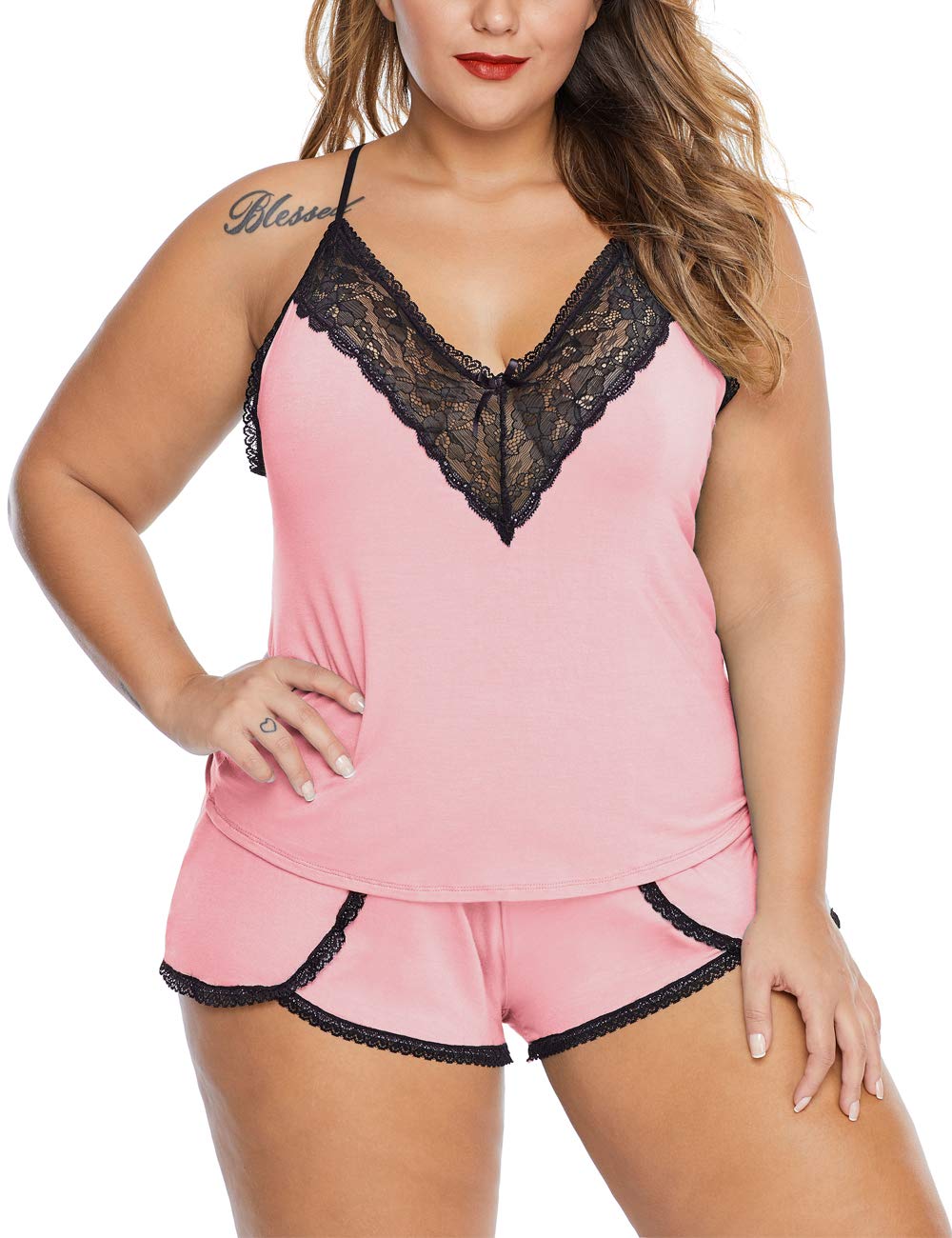 XAKALAKA Women Plus Size Pajamas Cami Shorts Set Nightwear Sexy Lace Lingerie Sleepwear: 3X-Large Pink