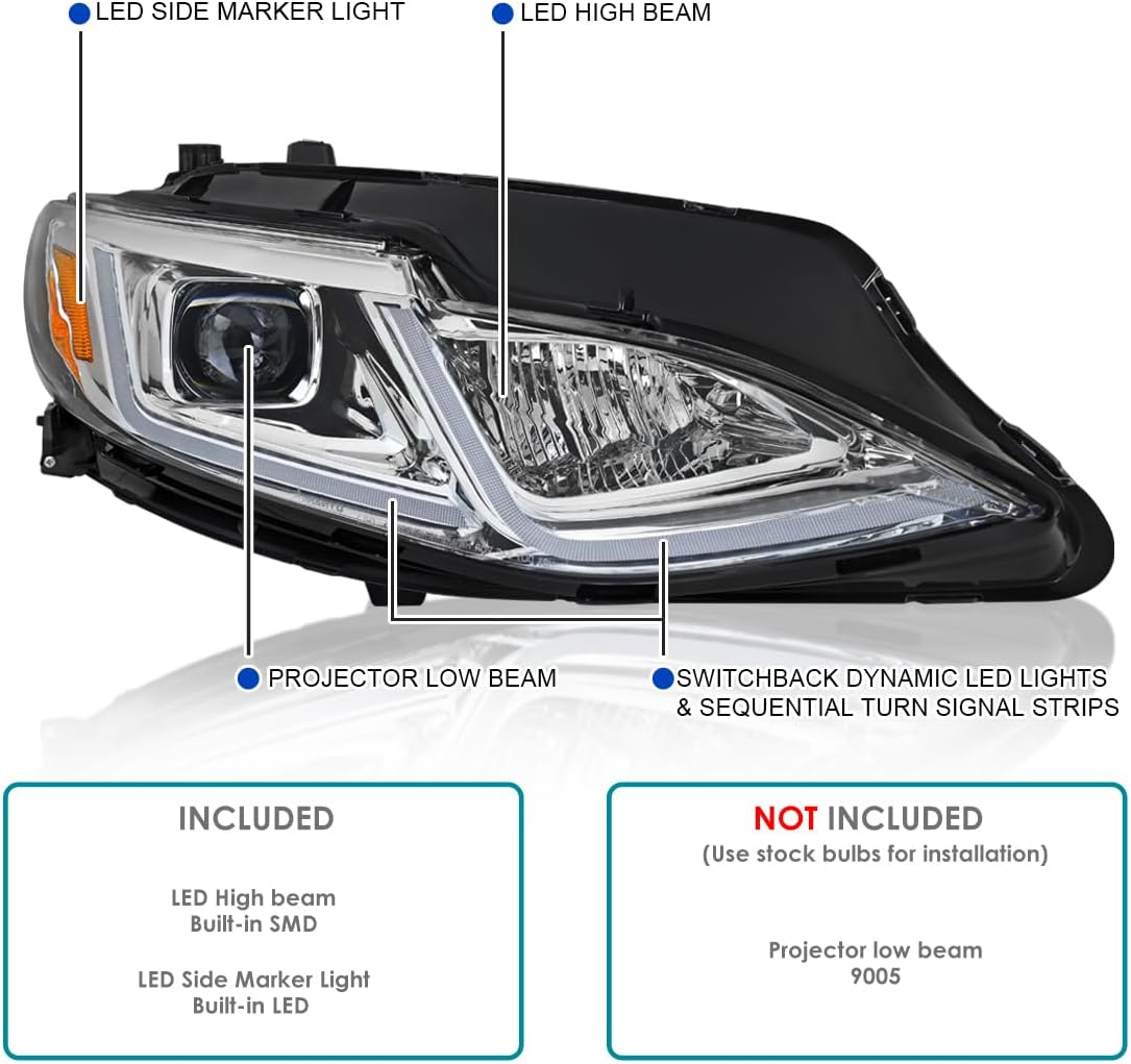 SPEC-D TUNING LED Chrome Projector Headlights w/Switchback Sequential Turn Signals and Startup Animation Compatible with 2019-2024 Chevy Malibu, Left + Right Pair Headlamps Assembly