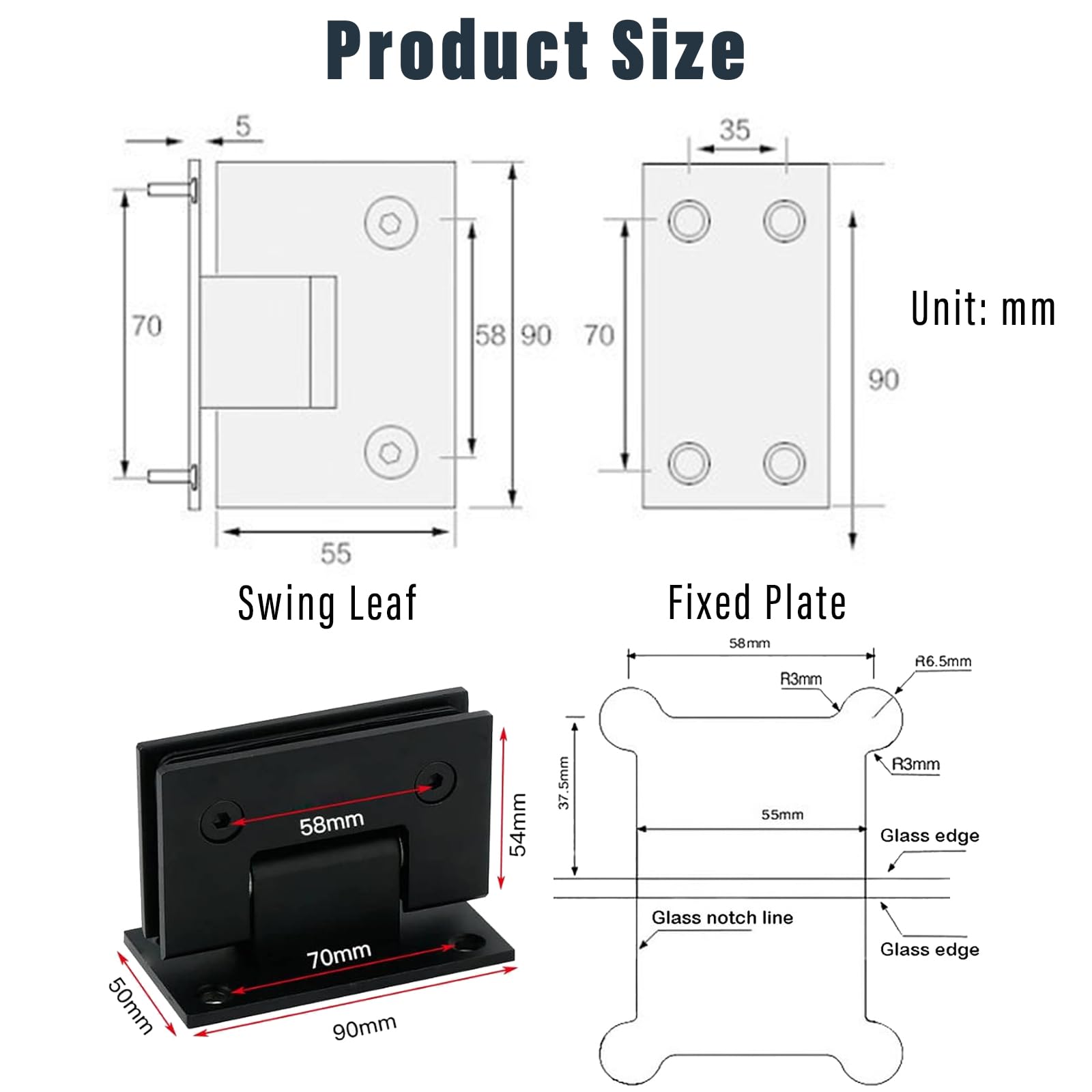 Cokritsm Black 2Pack Glass Shower Door Hinges 90 Degrees Glass Door Hinges Replacement Parts with Mounting Hardware Stainless Steel Bathroom Gate Clamp for 8-12mm Glass - Image 4