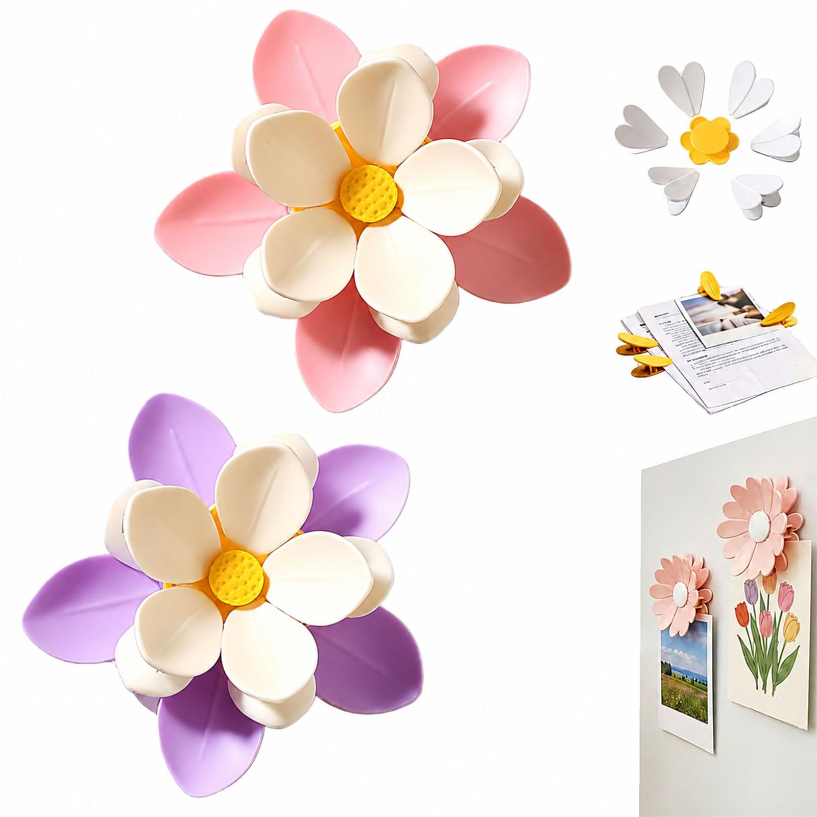 Cherry-Shaped Magnetic Food Clip Fridge Magnet, Sunflower-Shaped Magnetic Chip Clips, Flower Food Clips And White Bag Clips Set, Daisy Blossom Bag Clip (C SET)