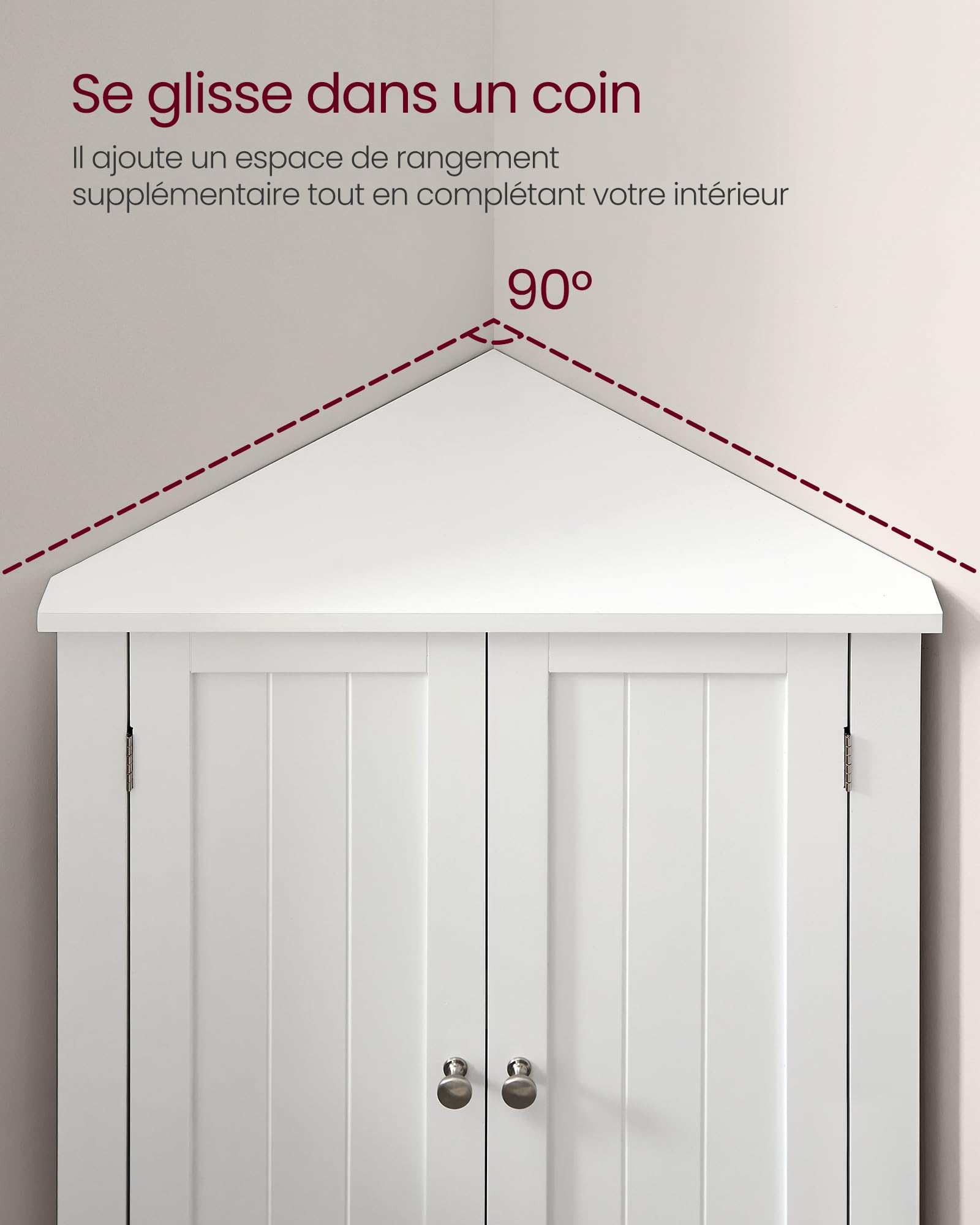 VASAGLE d’Angle, Meuble Portes et Étagère Réglable, pour Salle de Bain, Cuisine, Salon, Design Campagne Moderne, Blanc Nuage BBC844P31, 60 × 33,6 × 80 cm