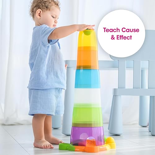 Miniatura 5 de Edushape Juguetes apilables para bebés, juego de 14 piezas, torre apilable, juguete apilable para aprendizaje educativo STEM, coloridos vasos