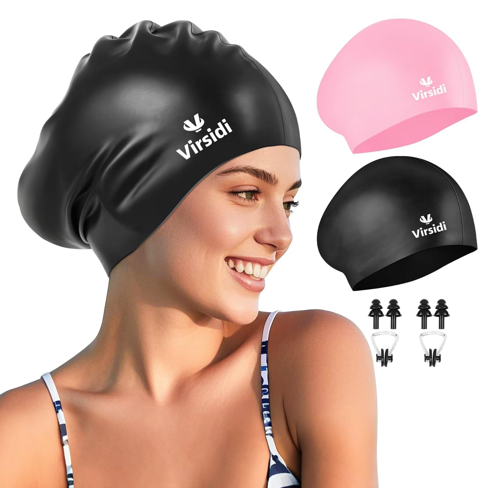 2 Pack Large Swim Caps for Long Hair, Silicone Swimming Cap for Adult Women Men, Waterproof Swim Hats Bathing Caps to Keep Hair Dry with Bonus Nose Clip and Earplugs-01
