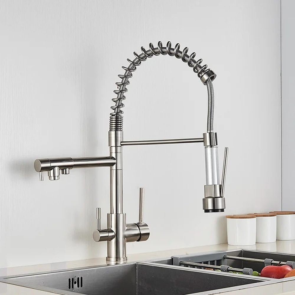 FCXWEVR Rotatable Dual Handle Water Faucet Filter – Brush Nickel Cold & Hot Mixer Tap for Kitchen Dual Model Purification Spout for Easy Washing & Enhanced Water Quality
