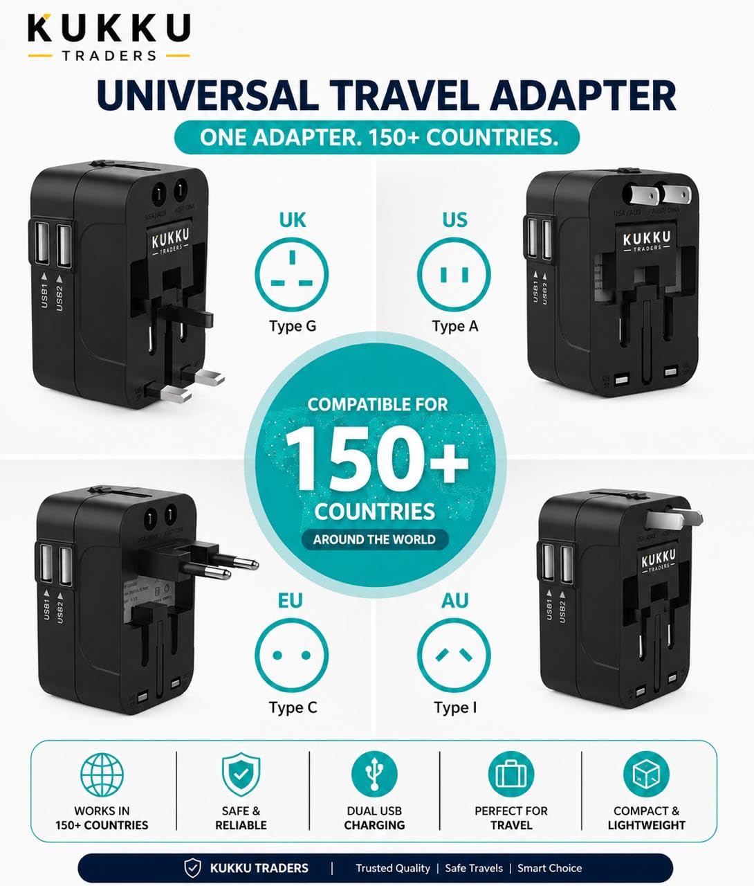 Universal Travel Adapter with Dual USB Ports, All in One International Plug Adapter for Worldwide Travel, US UK EU AU Compatible, Wall Charger for Phone Tablet Camera & Electronics, Black — Amazon image 3