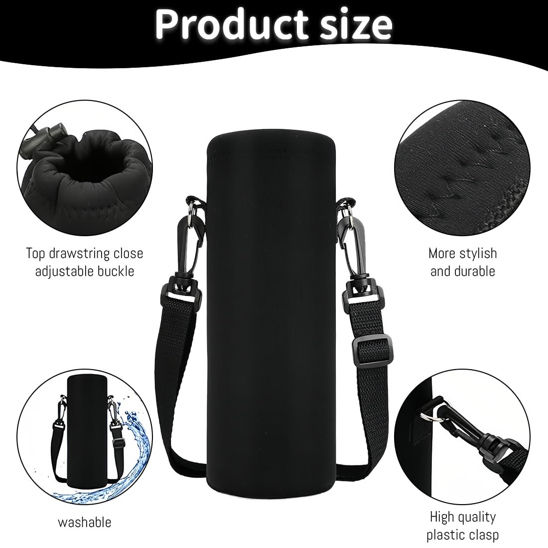 Housse Isotherme Pour Gourde En Tissu Oxford – Protection Thermique, Légère, Avec Crochet – 550 Ml – Noire – Randonnée, Sport, Voyage