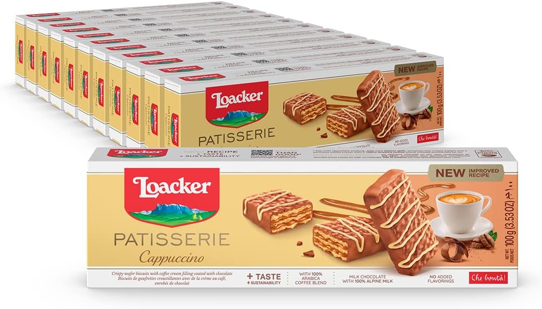 Patisserie Cappuccino - Premium Bite Size Milk Chocolate Covered Crispy Wafer Cookies with Coffee Cream Filling - Pack of 12