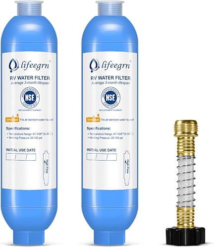 lifeegrn Filtro de agua RV con protector de manguera, filtro de agua en línea, reduce el mal sabor, olores, cloro y sedimentos en agua potable, azul